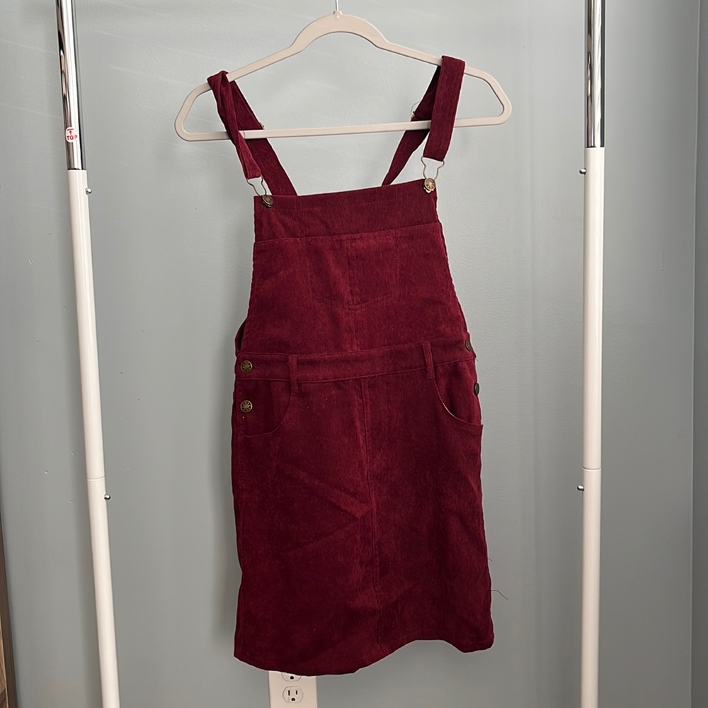 Maroon, Overall Dress, Gold Buttons, a little above knee length, SizeS/M